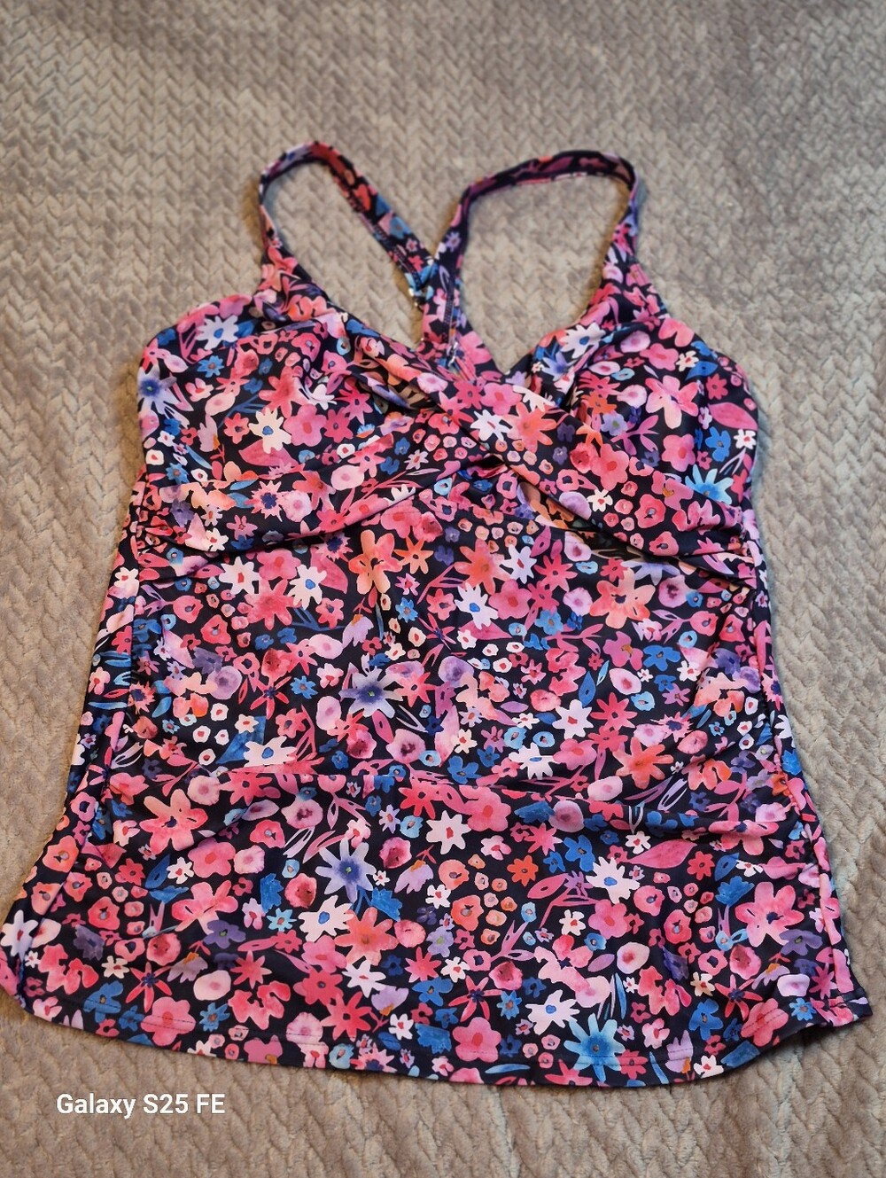 Tempt Me Pink, Blue & White Crisscross Tankini Top, Size Medium, Like New